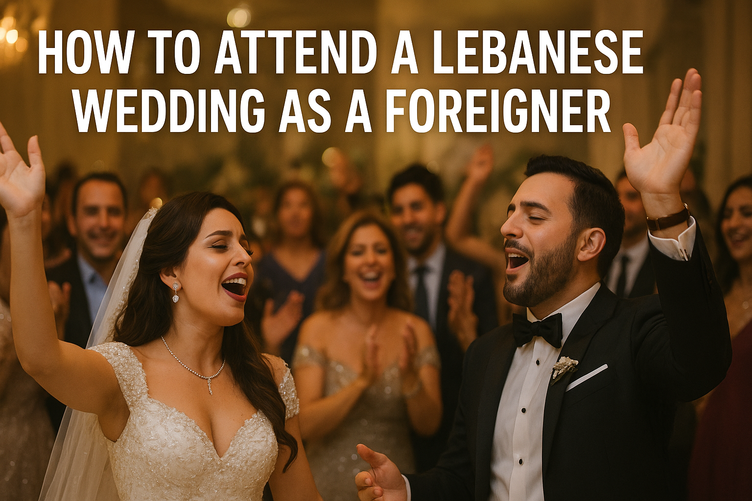 A joyful Lebanese bride and groom dancing together during their wedding celebration, surrounded by smiling guests in elegant attire, captured in a warm and festive atmosphere.